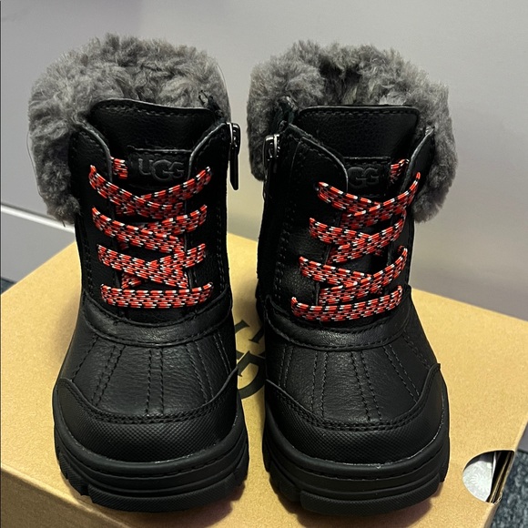 UGG Black Snow Boots with Red Laces and Gray Fur- New unused with box - Picture 2 of 4